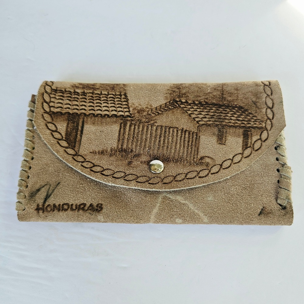 Vintage Honduras Suede Leather Wallet Pyrography Village Scene Whipstitch Boho